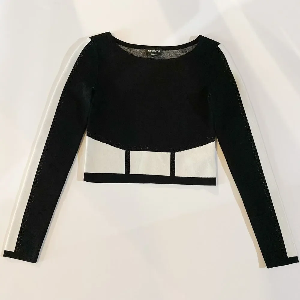 bebe Black White Colorblock Long Sleeve Crop Top Small